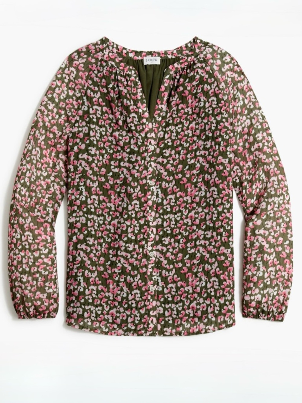 J. Crew Factory Olive Blouse with Pink & Cream Floral Print